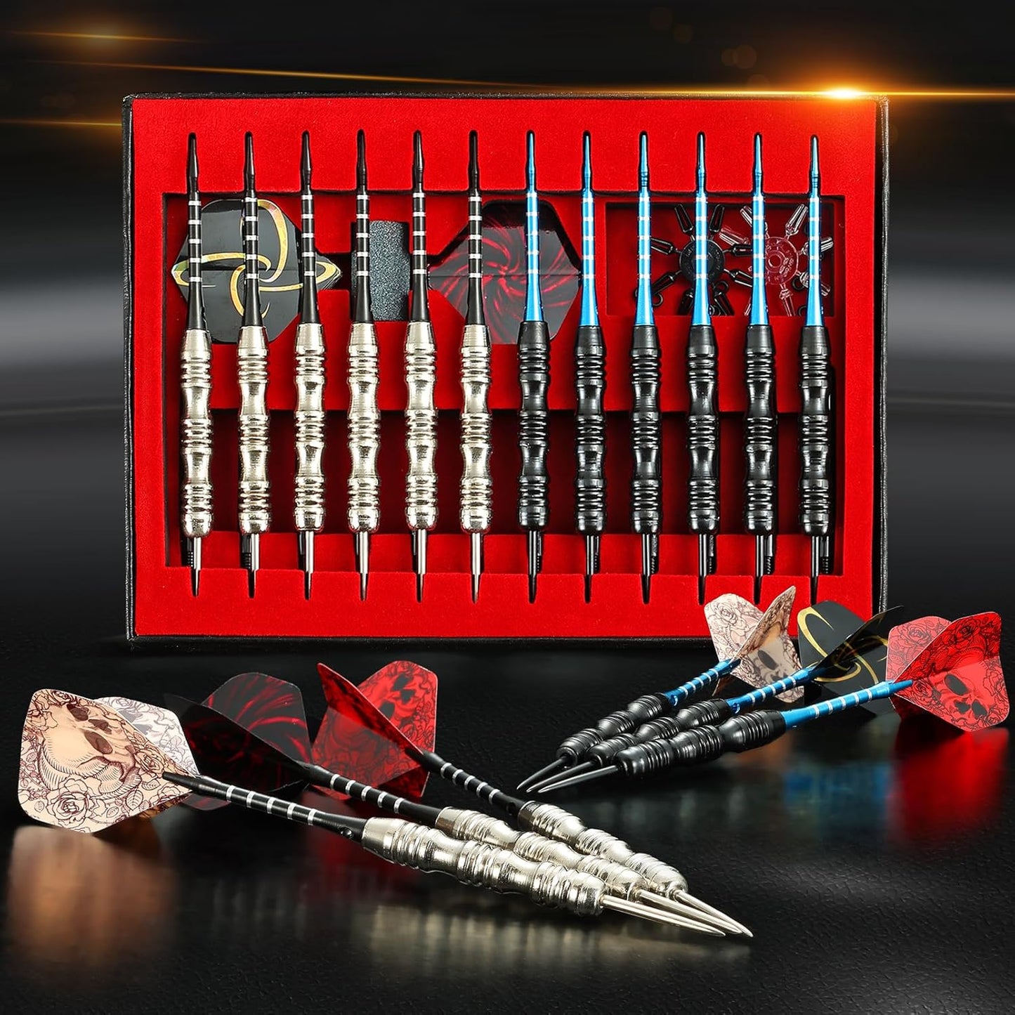 Darts Metal Tip Set Professional Metal Darts for Dartboard Steel Tip Darts with Nonslip Iron Barrel Aluminum Dart Shafts,Extra Flights,Dart Sharpener,Gift Box