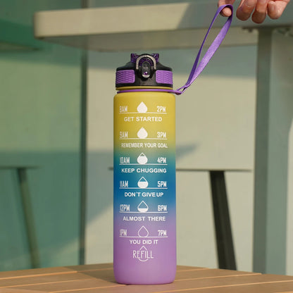 1L Water Bottle 12 Colors Leak Proof with Time Mark Drink and Straw Motivational Drinking Sports Water Bottle for Outdoor Hiking