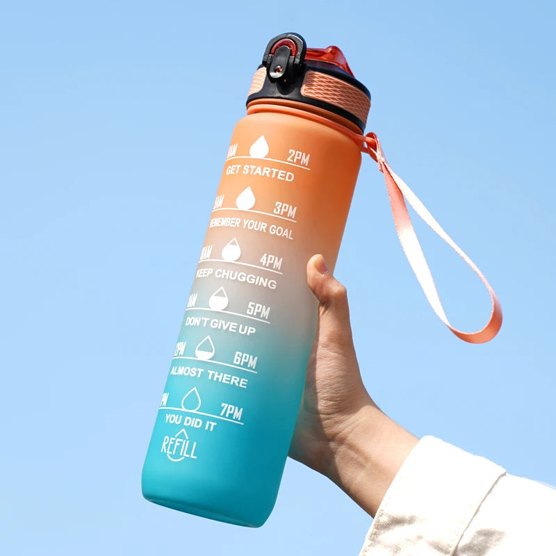 1L Water Bottle 12 Colors Leak Proof with Time Mark Drink and Straw Motivational Drinking Sports Water Bottle for Outdoor Hiking