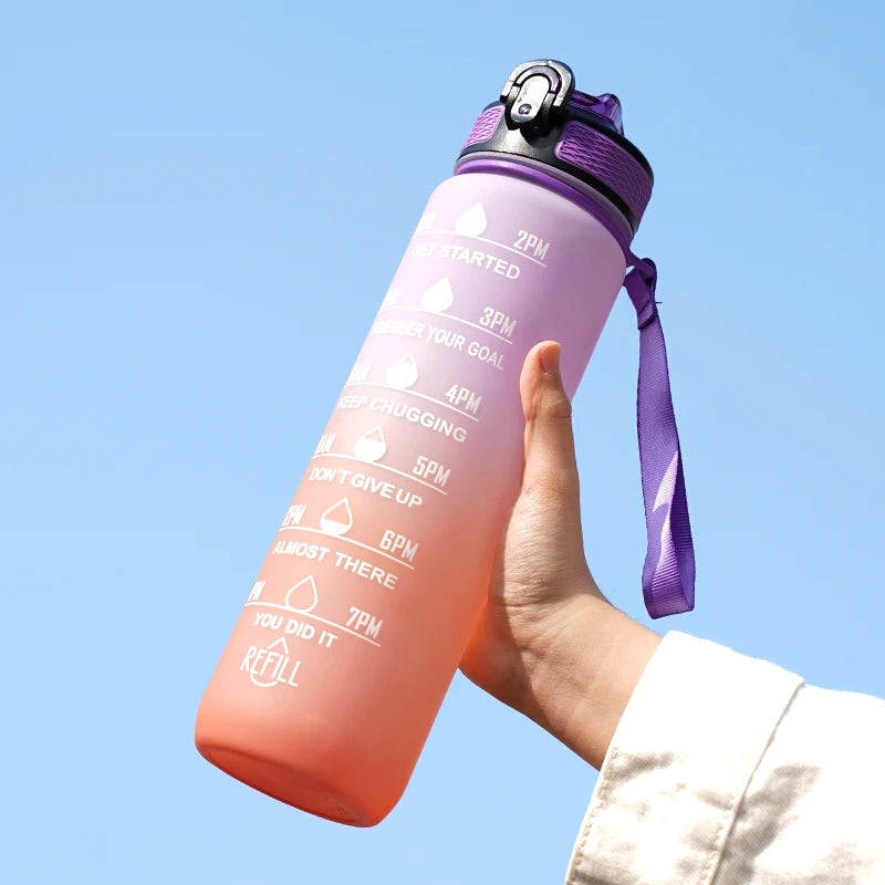 1L Water Bottle 12 Colors Leak Proof with Time Mark Drink and Straw Motivational Drinking Sports Water Bottle for Outdoor Hiking